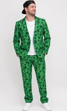 Spirit Halloween Riddler Costume Suit Mens XL Green Question Mark Jacket Pants